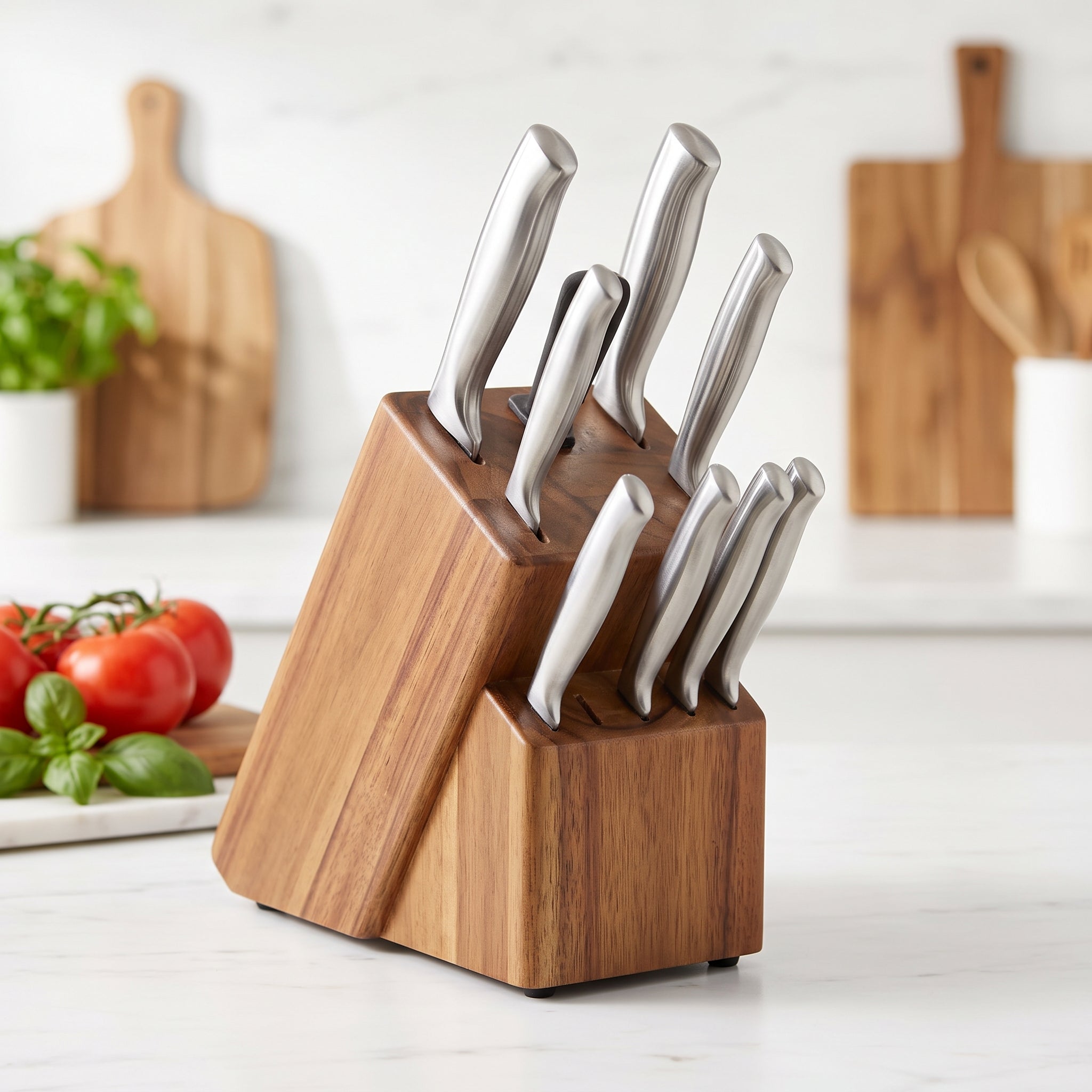 Natural Acacia Wood Handle Stainless Steel Kitchen Knife Set | Sharp Rustproof Chef Cutlery Block Kit