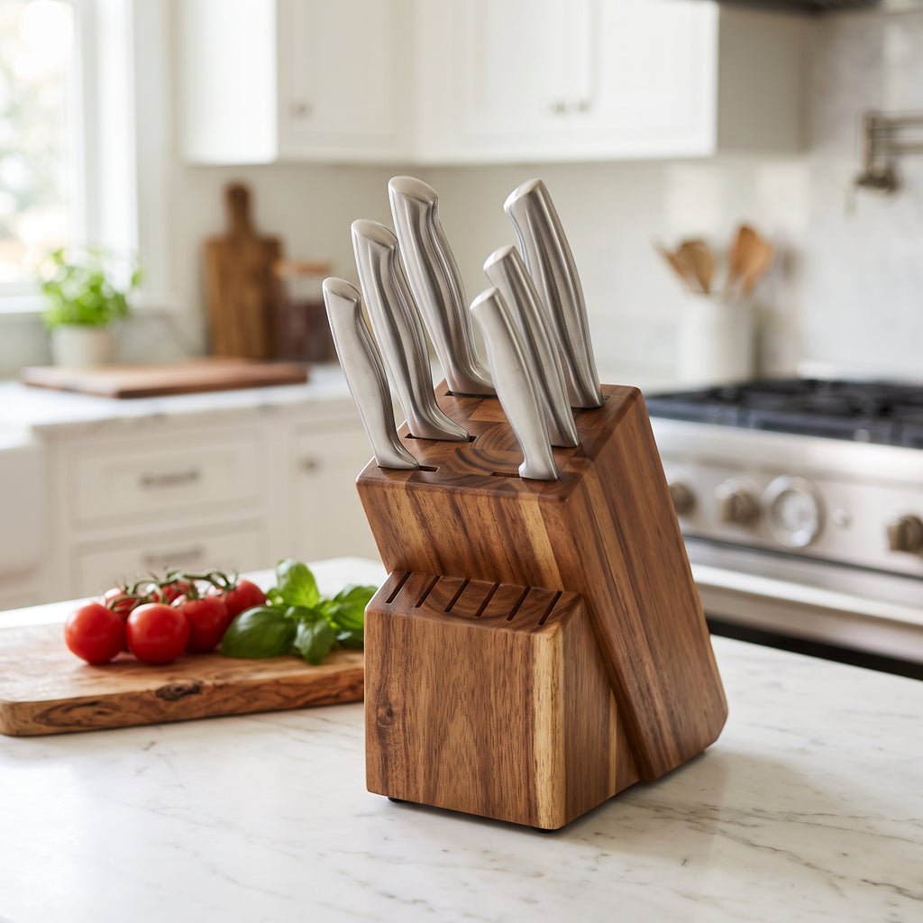 Natural Acacia Wood Handle Stainless Steel Kitchen Knife Set | Sharp Rustproof Chef Cutlery Block Kit